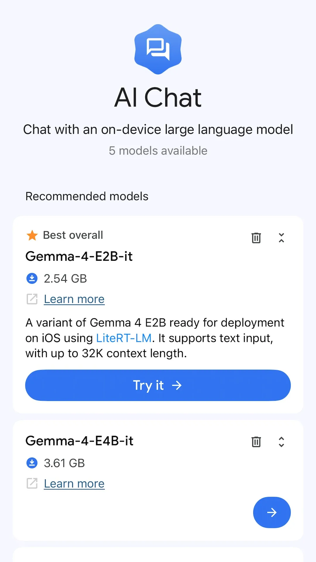 Google AI Edge Gallery — model download screen