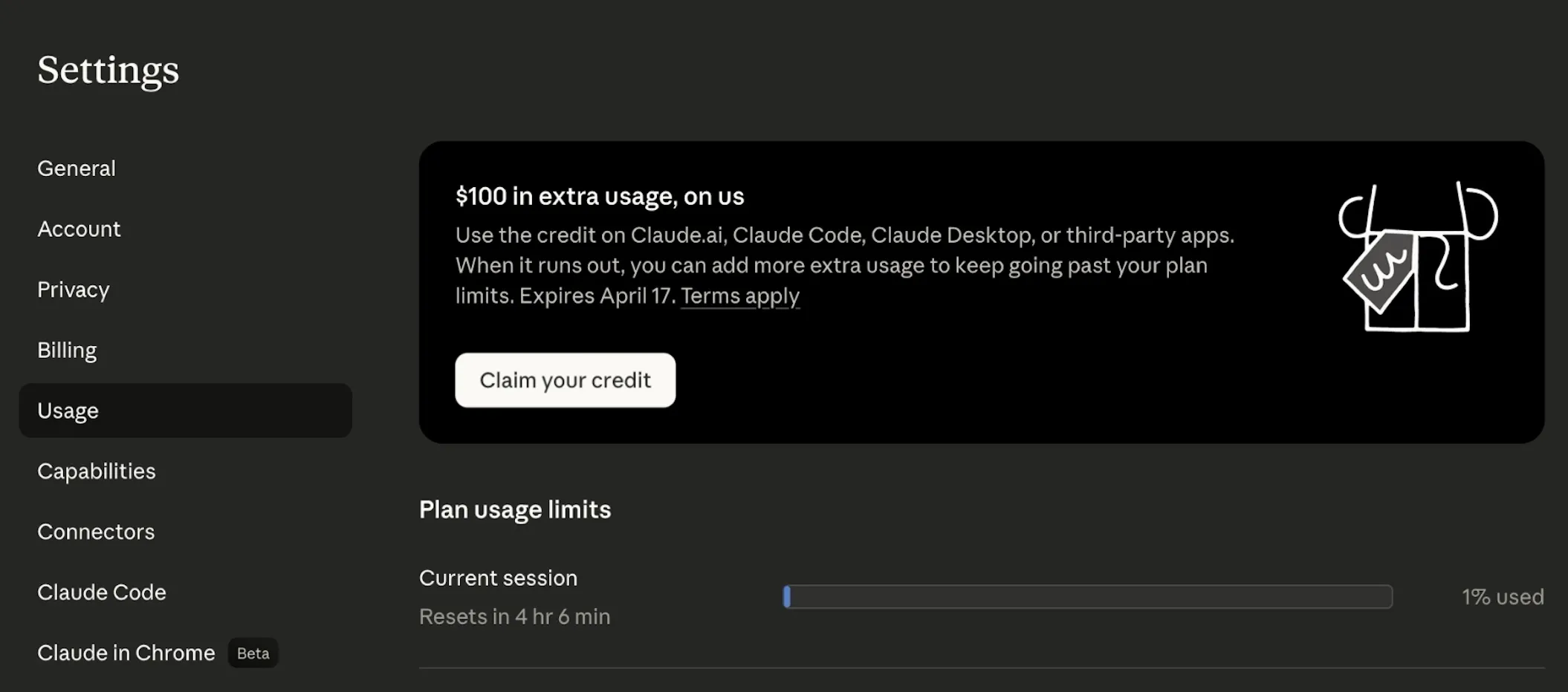 Claude Extra Usage Credit claim banner in settings